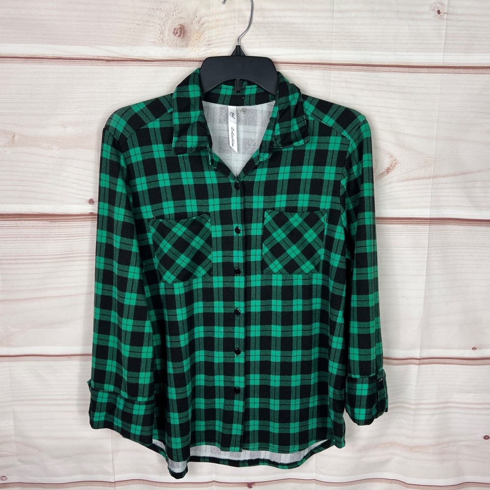 NY Collection Top Womens M Green Plaid Shirt Button Up Pockets Knit Long Sleeve‎